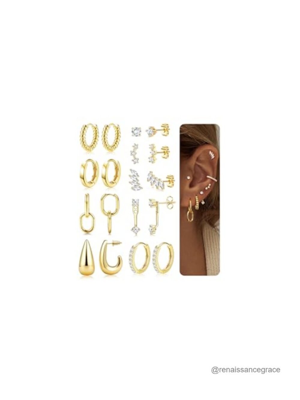 9 Pairs 14K Gold Plated Stud Hoop Earring Stacks Hypoallergenic Set